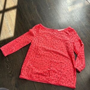 Loft three-quarter sleeve lacy top. Salmon color.